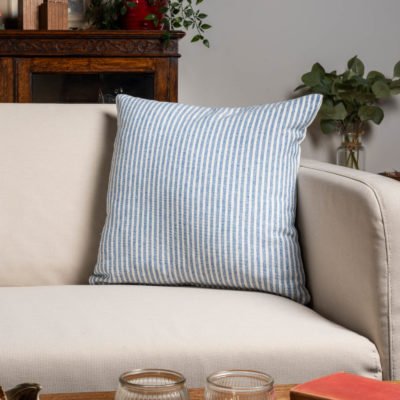 Woven Ticking Stripe Cushion in Soft Blue