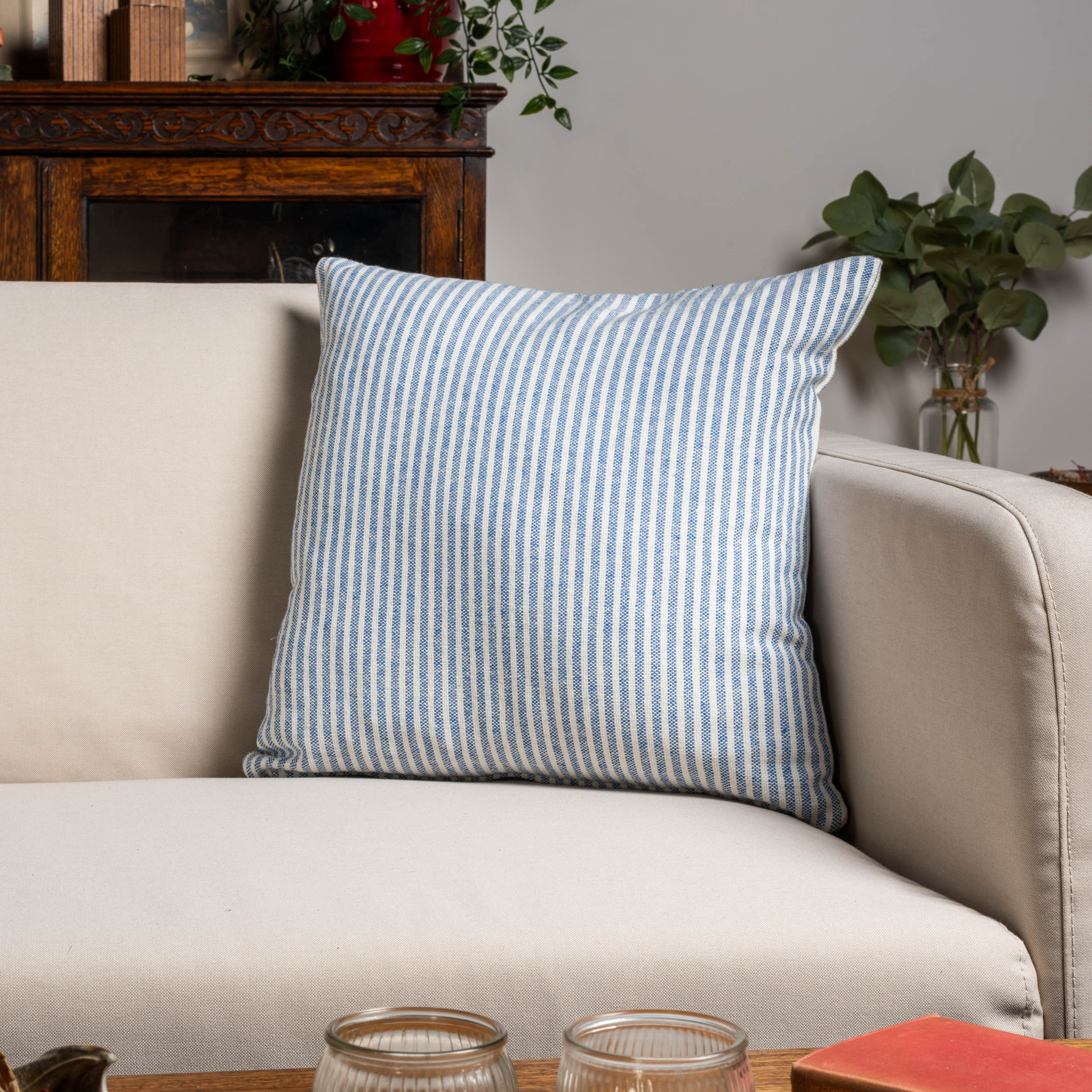 Woven Ticking Stripe Cushion in Soft Blue