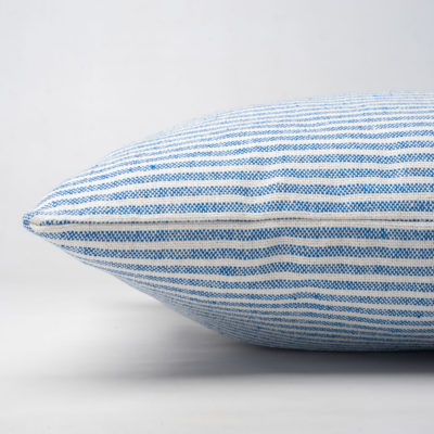 Woven Ticking Stripe Cushion in Soft Blue