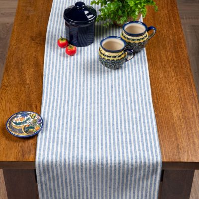 Woven Ticking Stripe Table Runner in Soft Blue