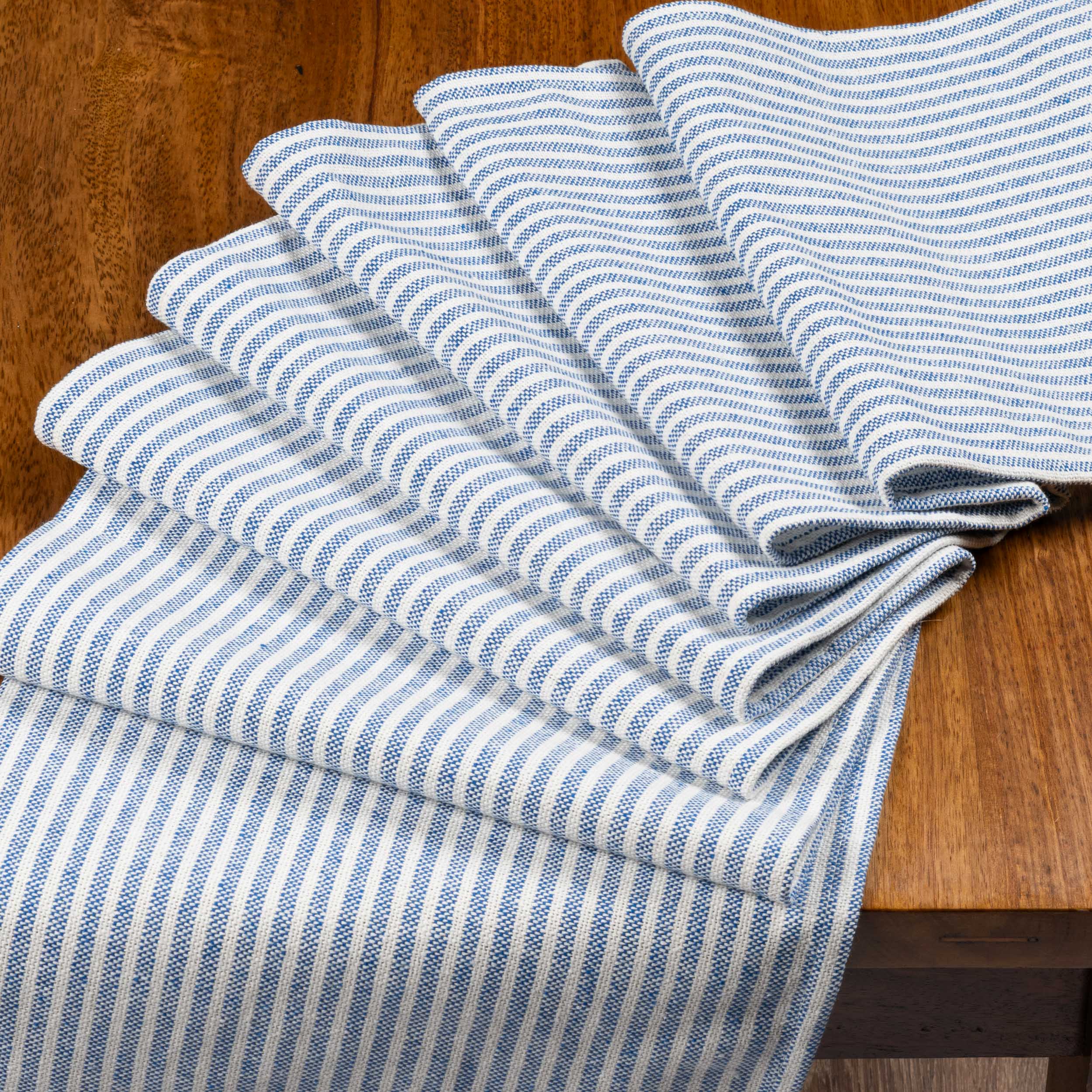 Woven Ticking Stripe Table Runner in Soft Blue