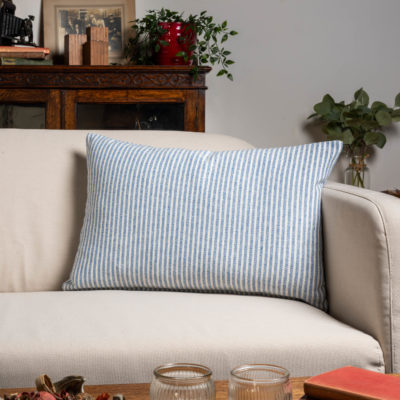 Woven Ticking Stripe XL Rectangular Cushion in Soft Blue