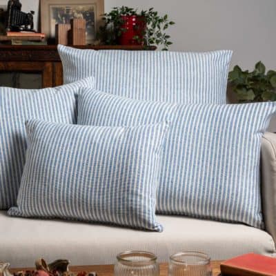 Woven Ticking Stripe Extra-Large Cushion in Soft Blue