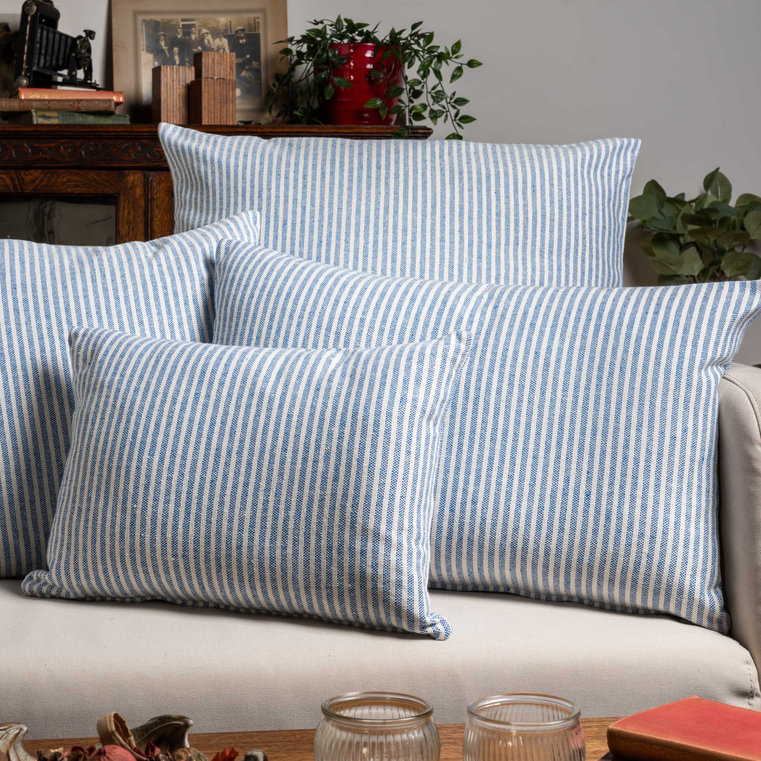 Woven Ticking Stripe Extra-Large Cushion in Soft Blue