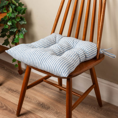 Woven Ticking Stripe Quilted Seat Pad in Soft Blue