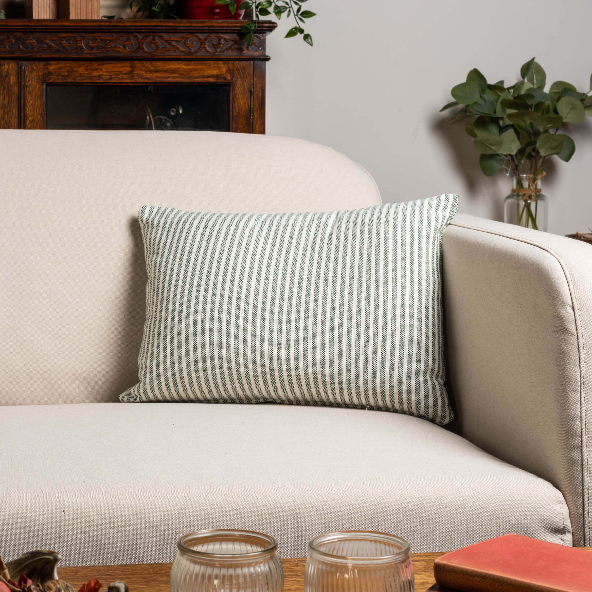 Woven Ticking Stripe Boudoir Cushion in Hunter Green