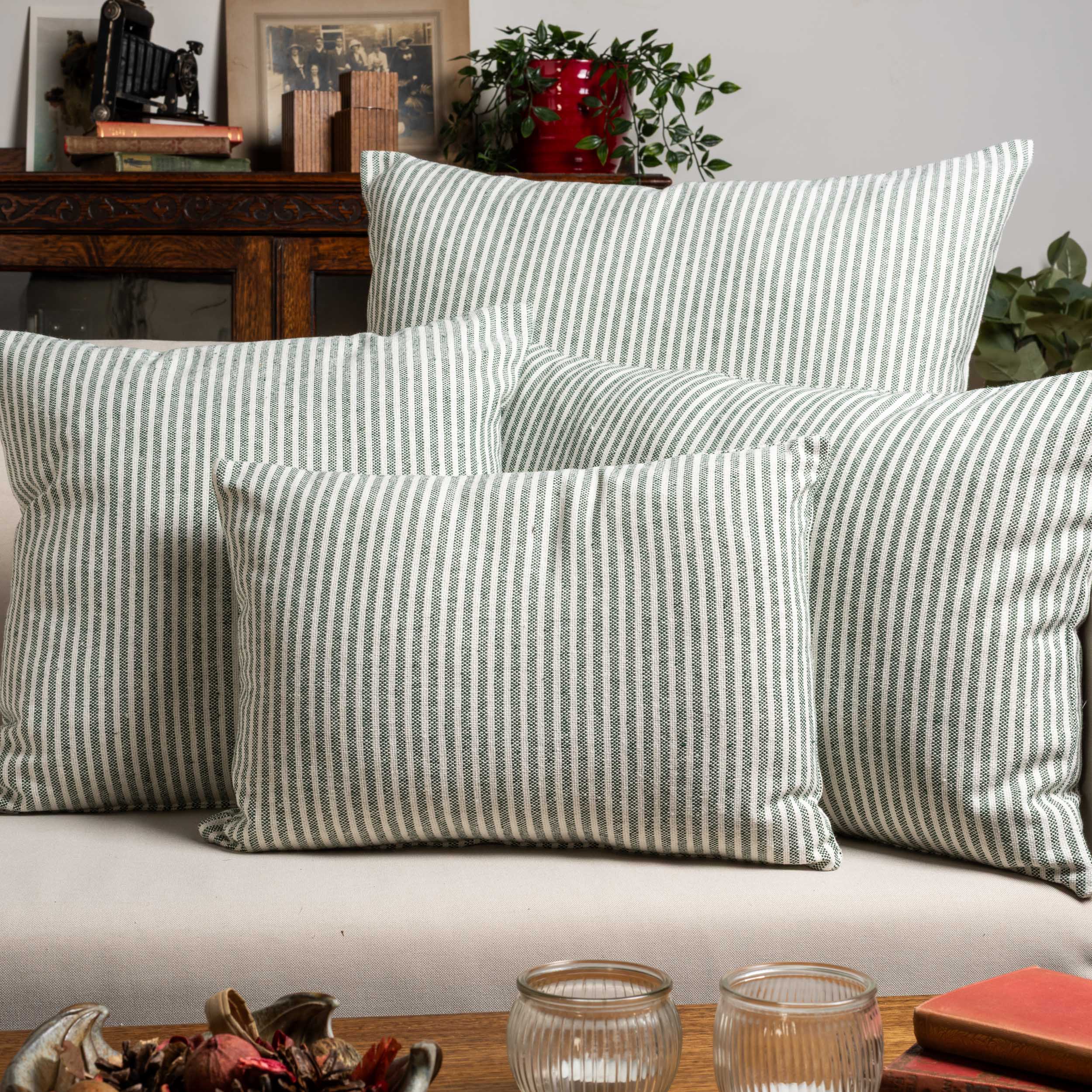 Woven Ticking Stripe Boudoir Cushion in Hunter Green