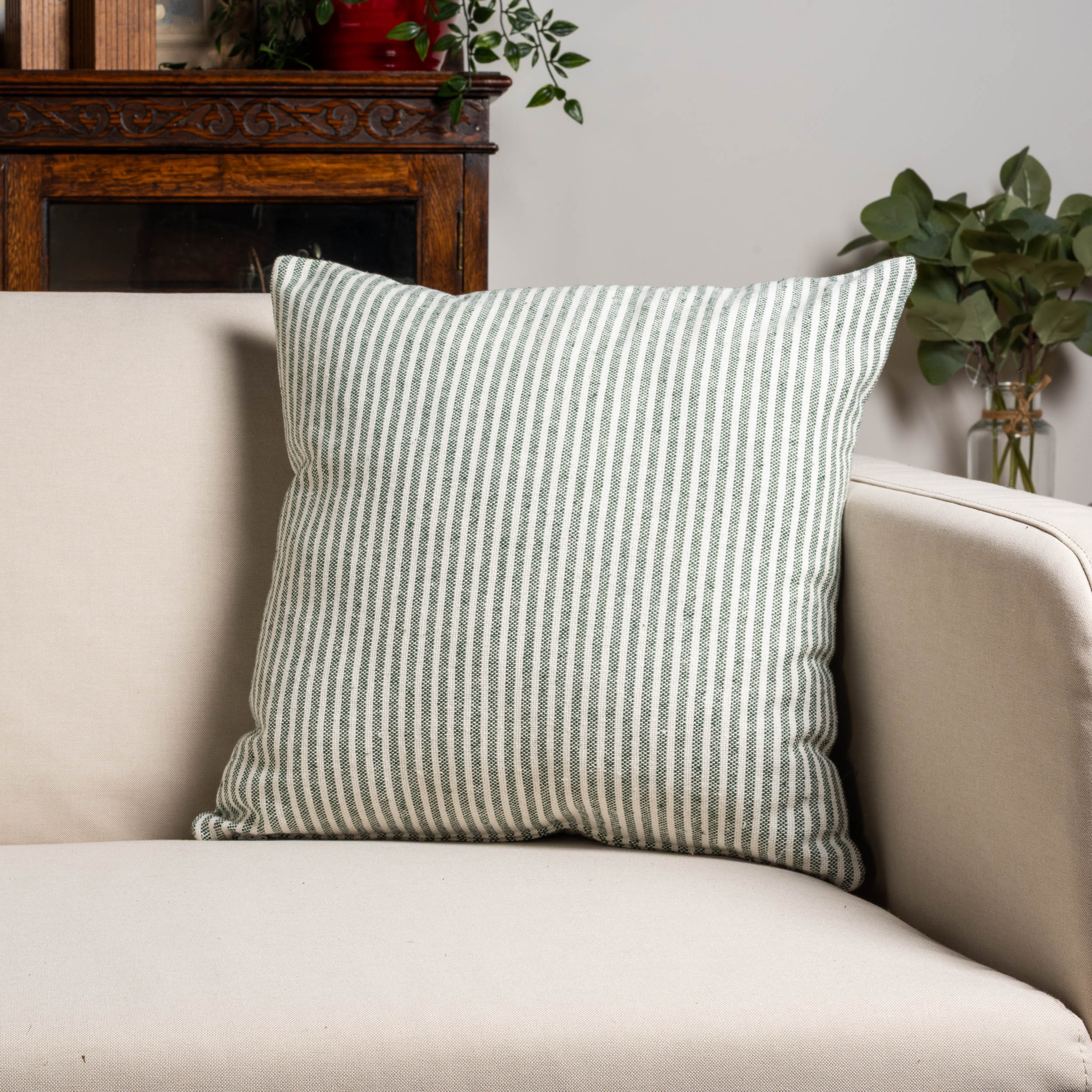 Woven Ticking Stripe Cushion in Hunter Green