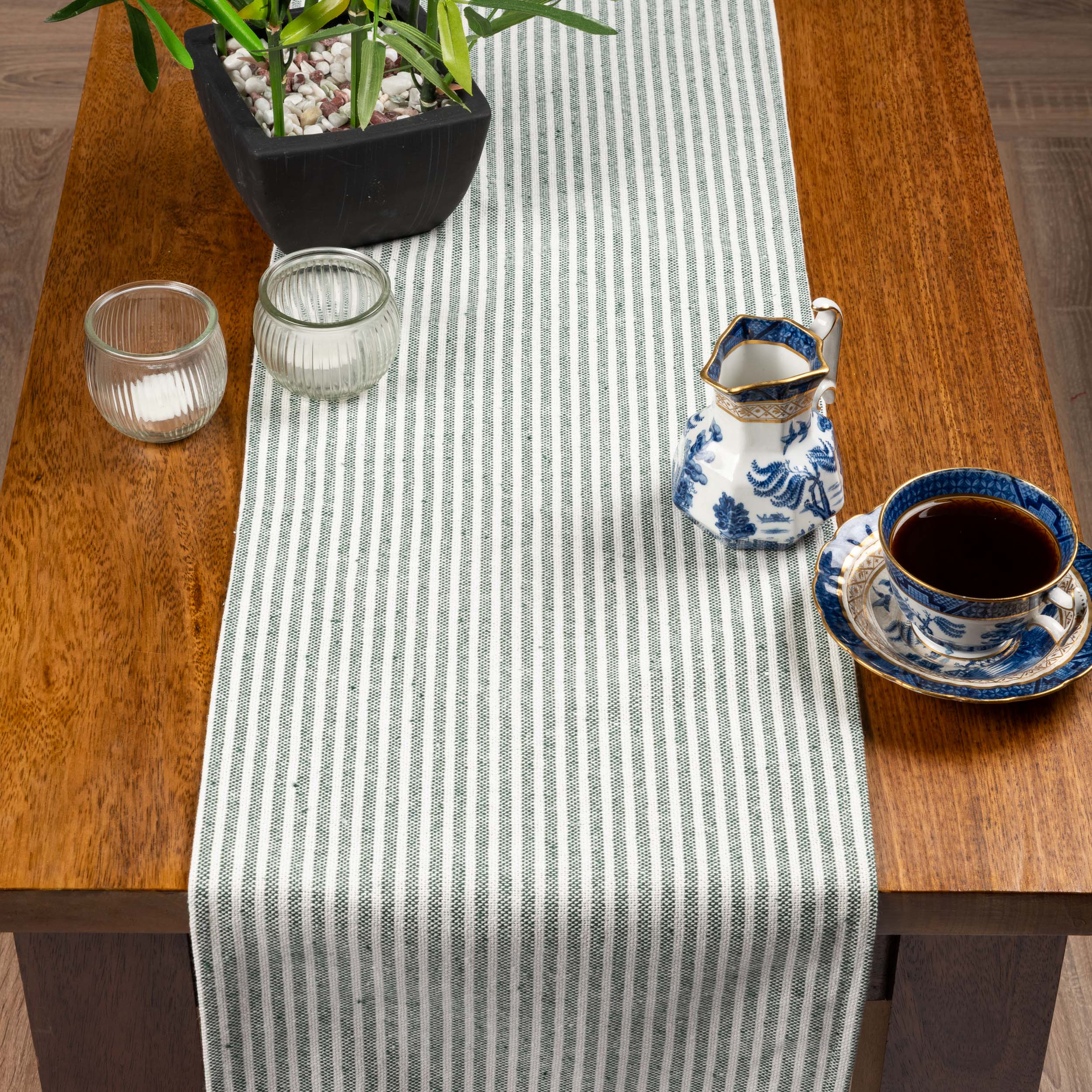 Woven Ticking Stripe Table Runner in Hunter Green