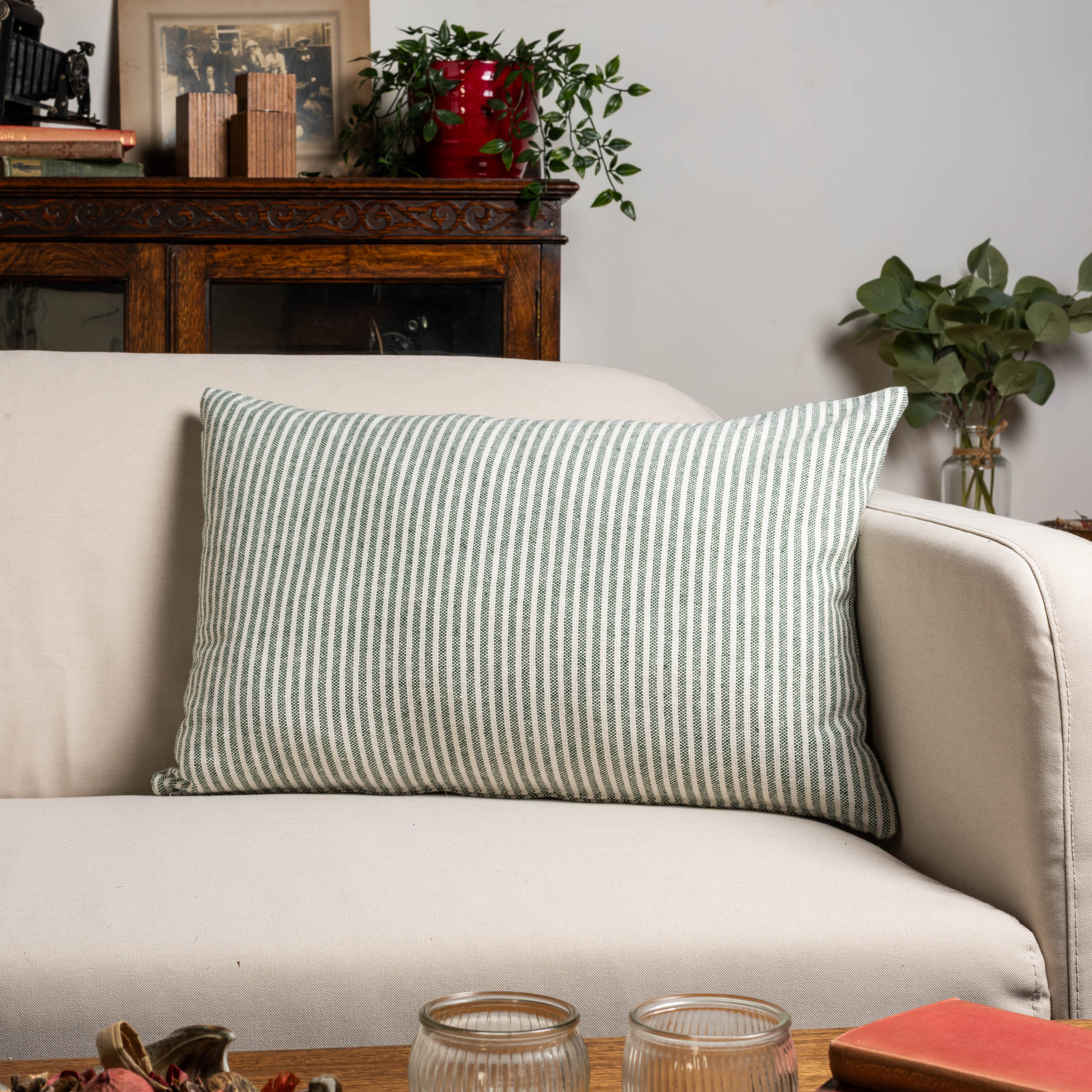 Woven Ticking Stripe XL Rectangular Cushion in Hunter Green