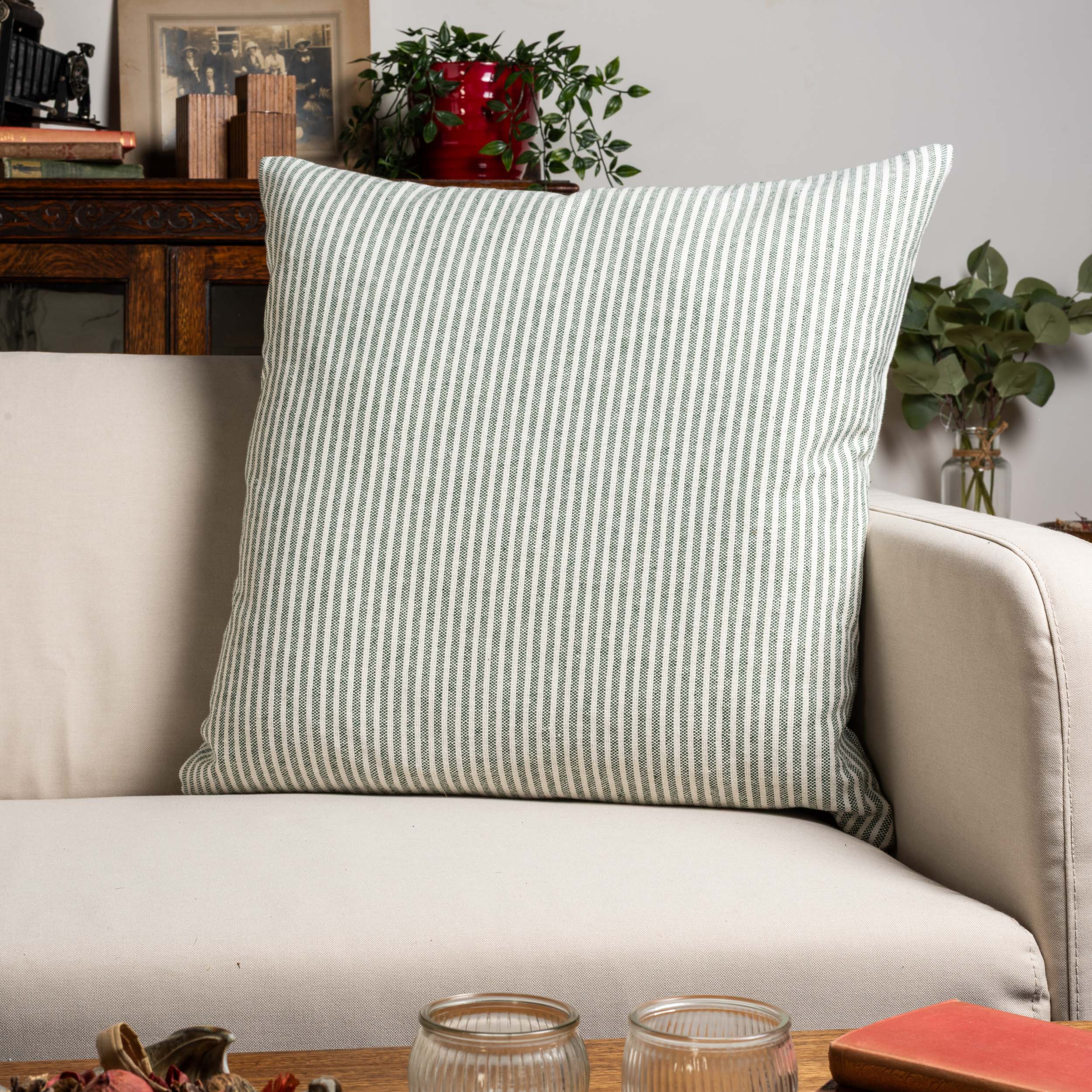 Woven Ticking Stripe Extra-Large Cushion in Hunter Green
