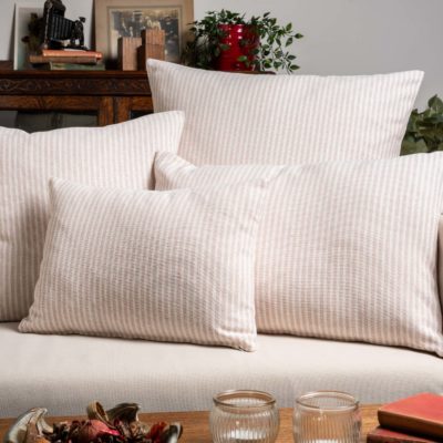Woven Ticking Stripe Boudoir Cushion in Rose Pink