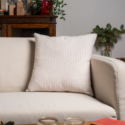 Woven Ticking Stripe Cushion in Rose Pink