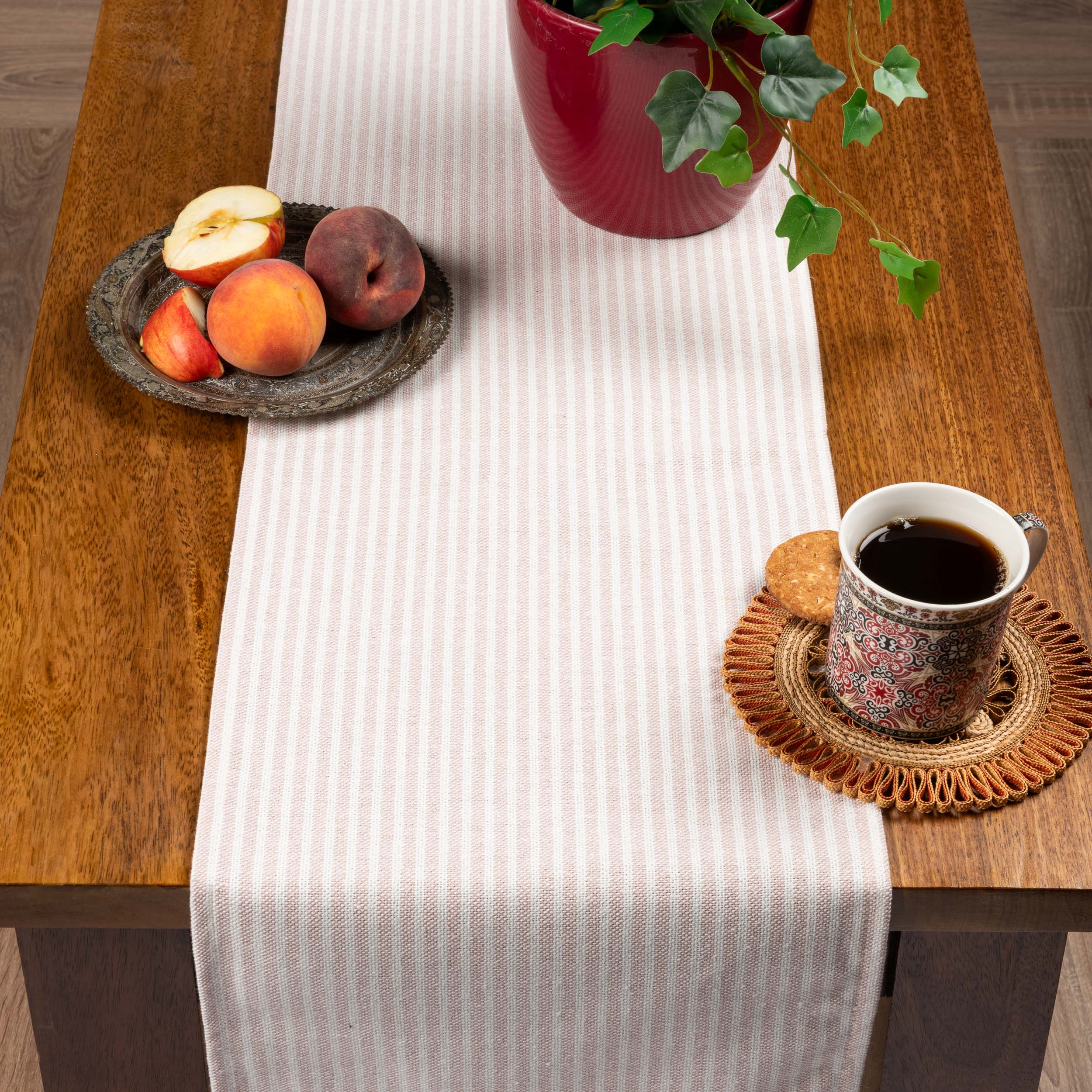 Woven Ticking Stripe Table Runner in Rose Pink