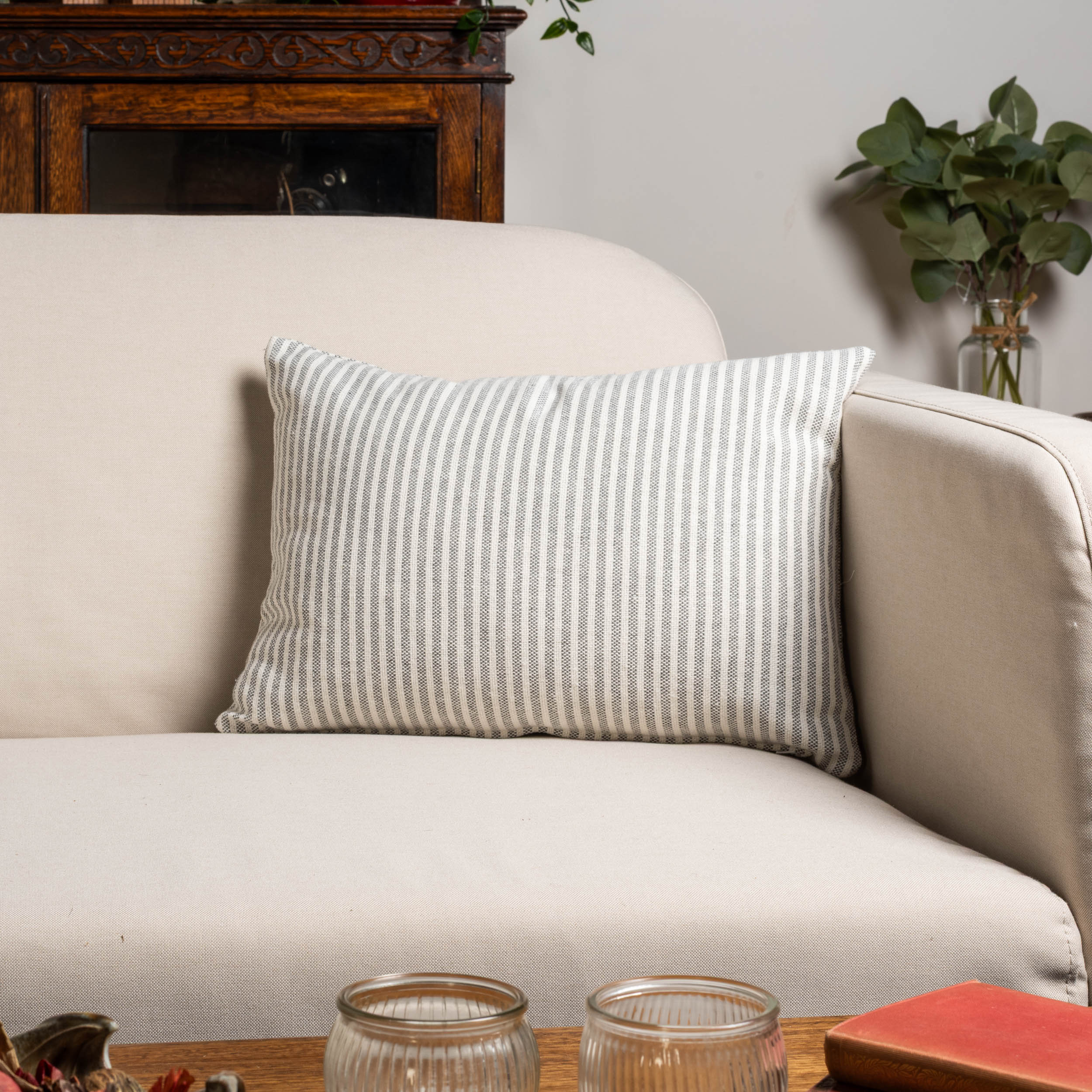 Woven Ticking Stripe Boudoir Cushion in Dove Grey