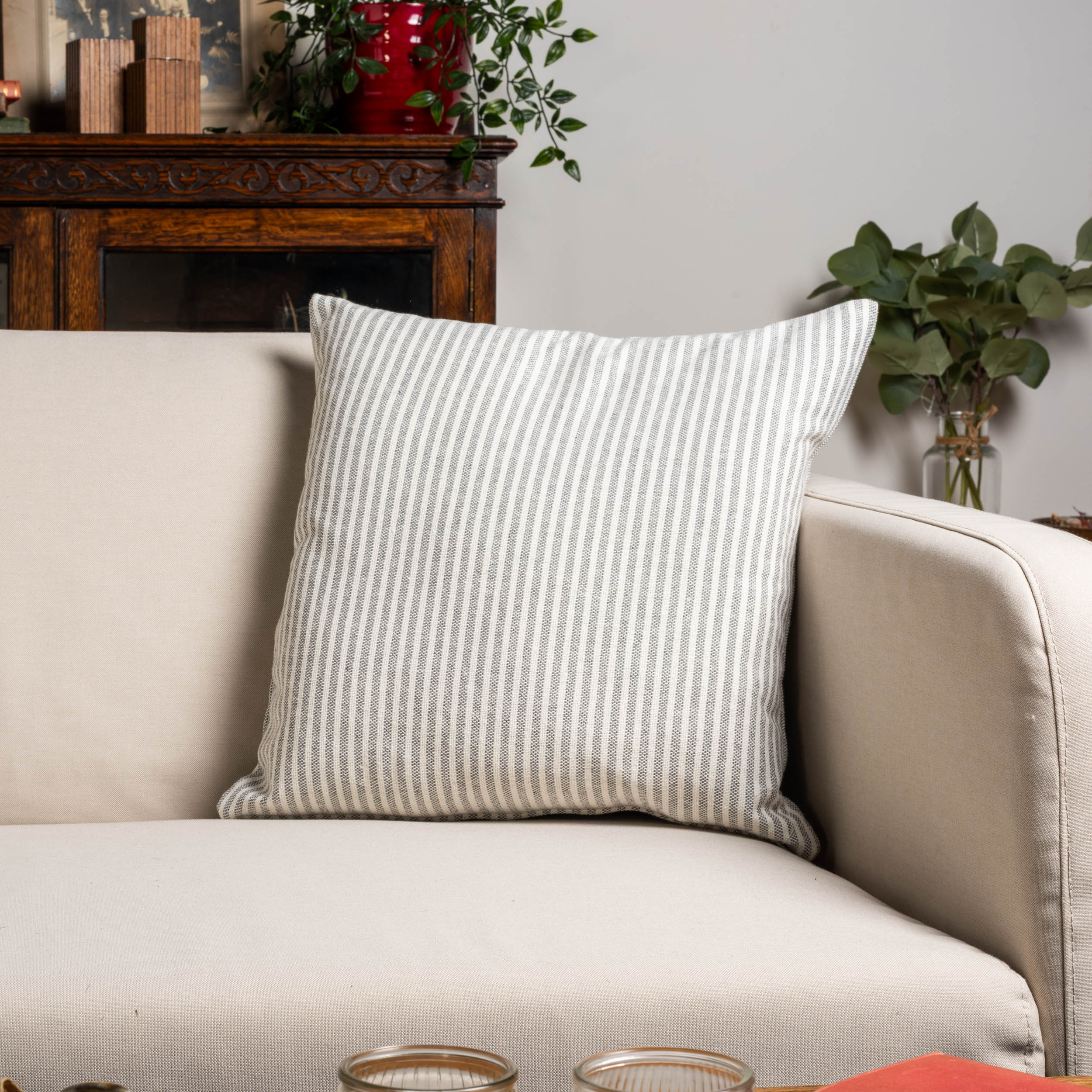 Woven Ticking Stripe Cushion in Dove Grey