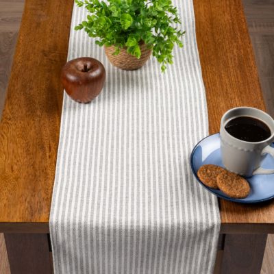 Woven Ticking Stripe Table Runner in Dove Grey