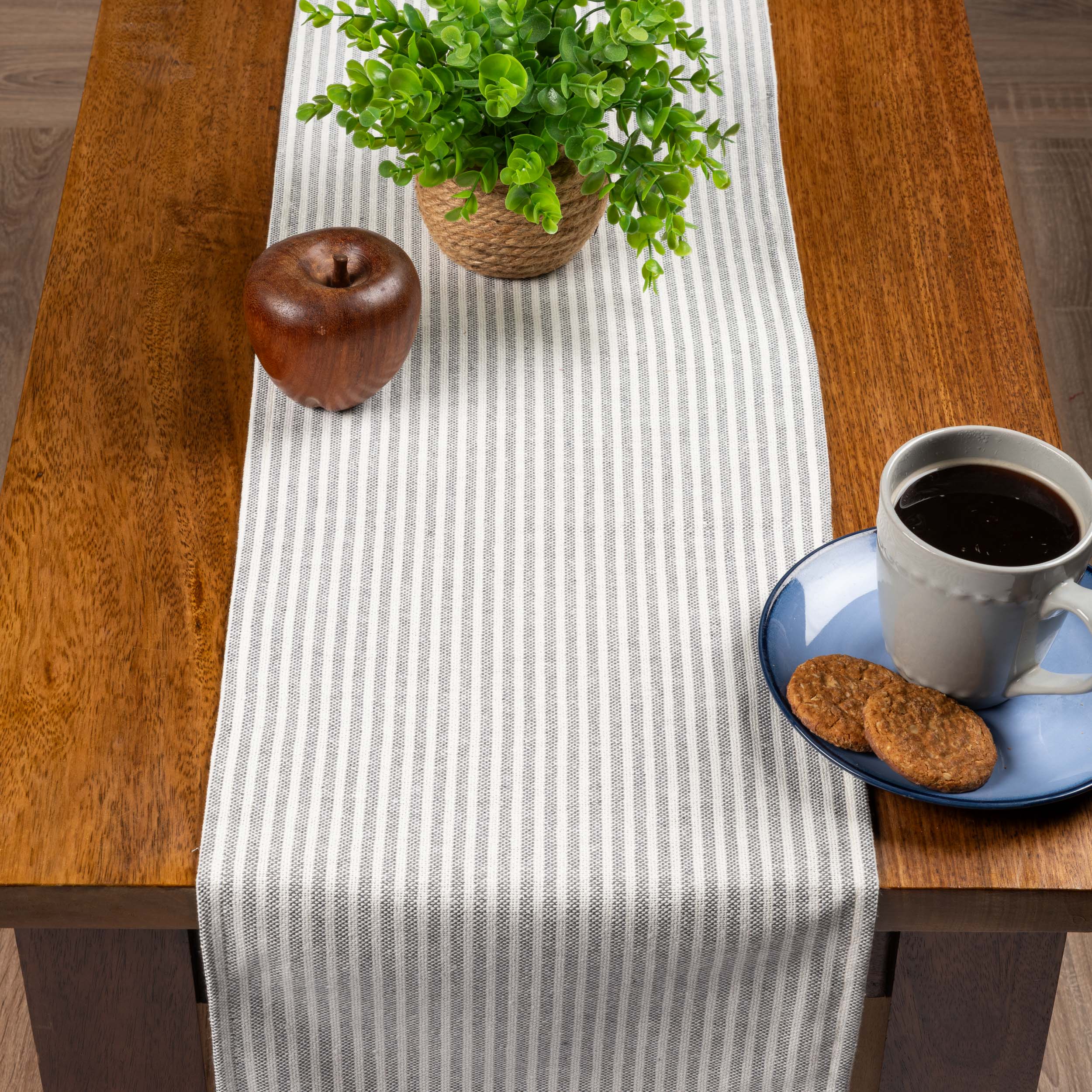 Woven Ticking Stripe Table Runner in Dove Grey