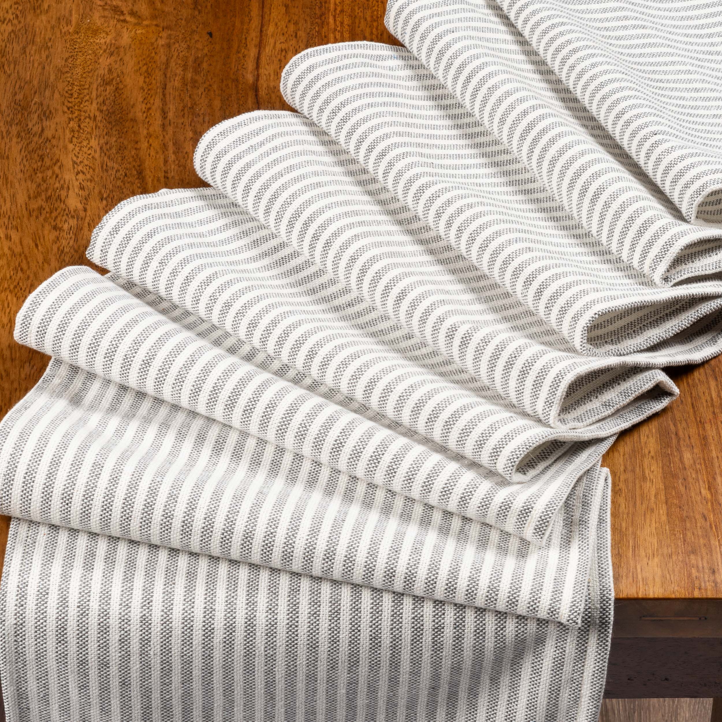 Woven Ticking Stripe Table Runner in Dove Grey