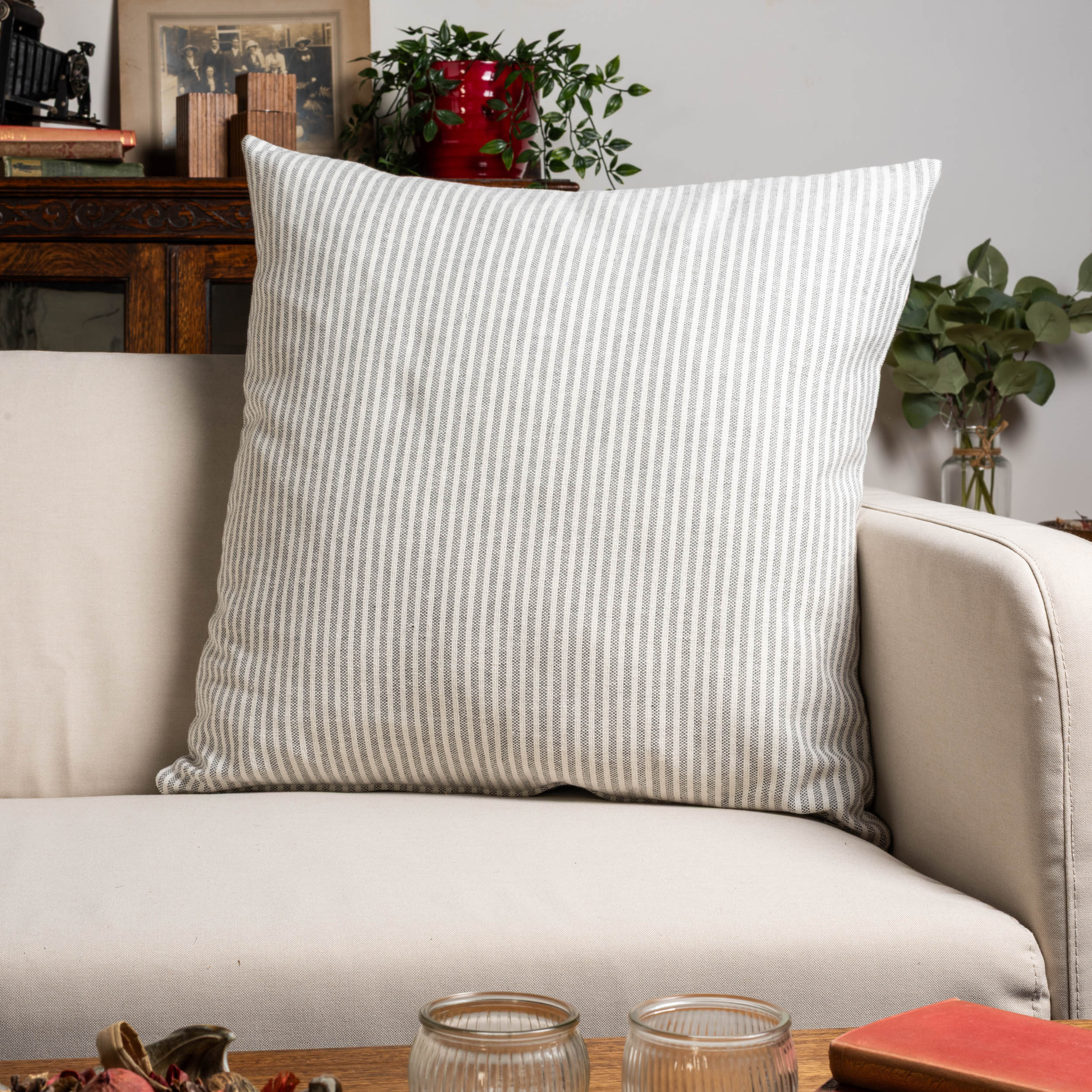 Woven Ticking Stripe Extra-Large Cushion in Dove Grey