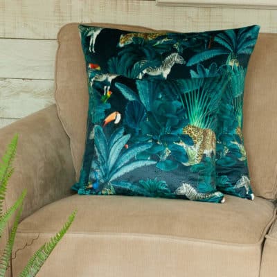 Palm Forest Velvet Cushion in Teal