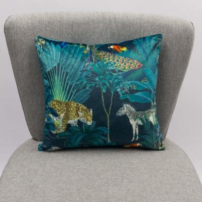 Palm Forest Velvet Cushion in Teal