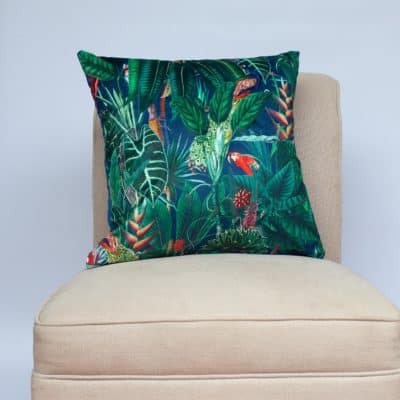 Lima Jungle Birds Velvet Cushion in Navy