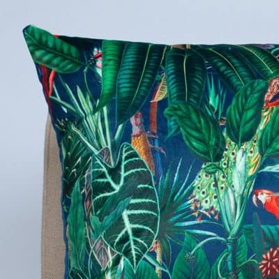 Lima Jungle Birds Velvet Cushion in Navy