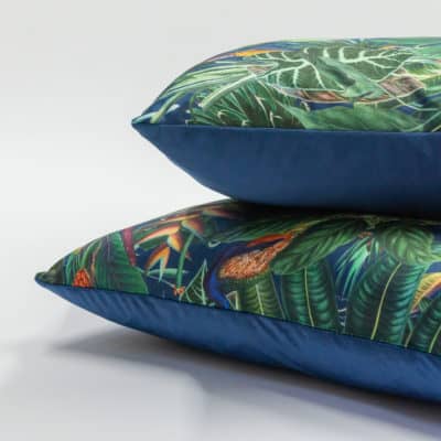 Lima Jungle Birds Velvet Cushion in Navy