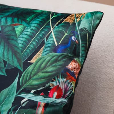 Lima Jungle Birds Velvet Cushion in Black