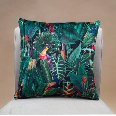 Lima Jungle Birds Velvet Cushion in Black