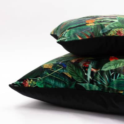Lima Jungle Birds Velvet Cushion in Black