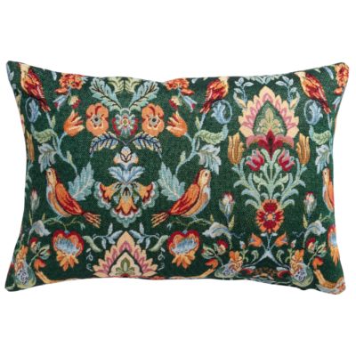 Morris Style Bird Garden Tapestry Boudoir Cushion in Moss Green