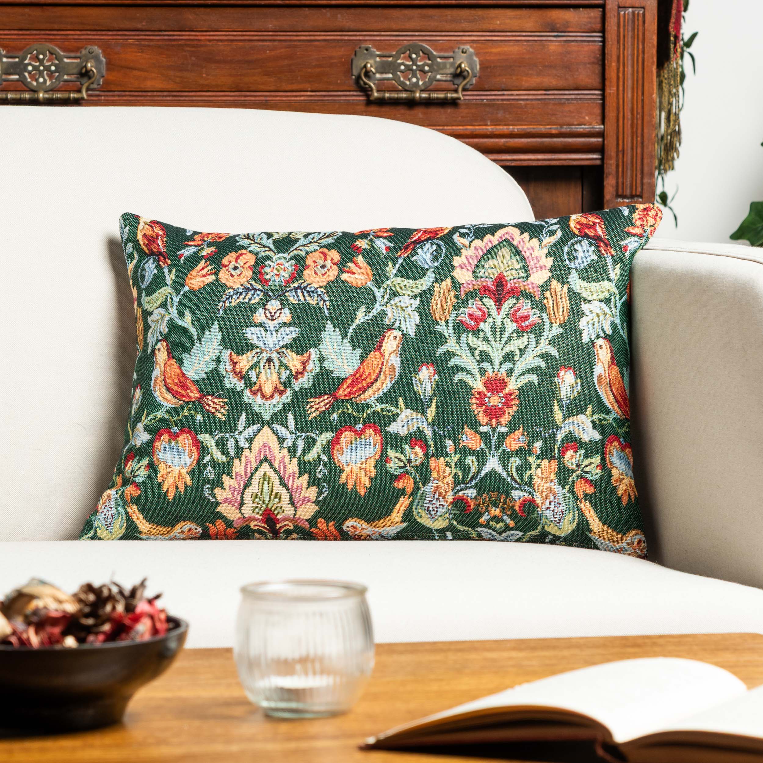 Morris Style Bird Garden Tapestry Boudoir Cushion in Moss Green