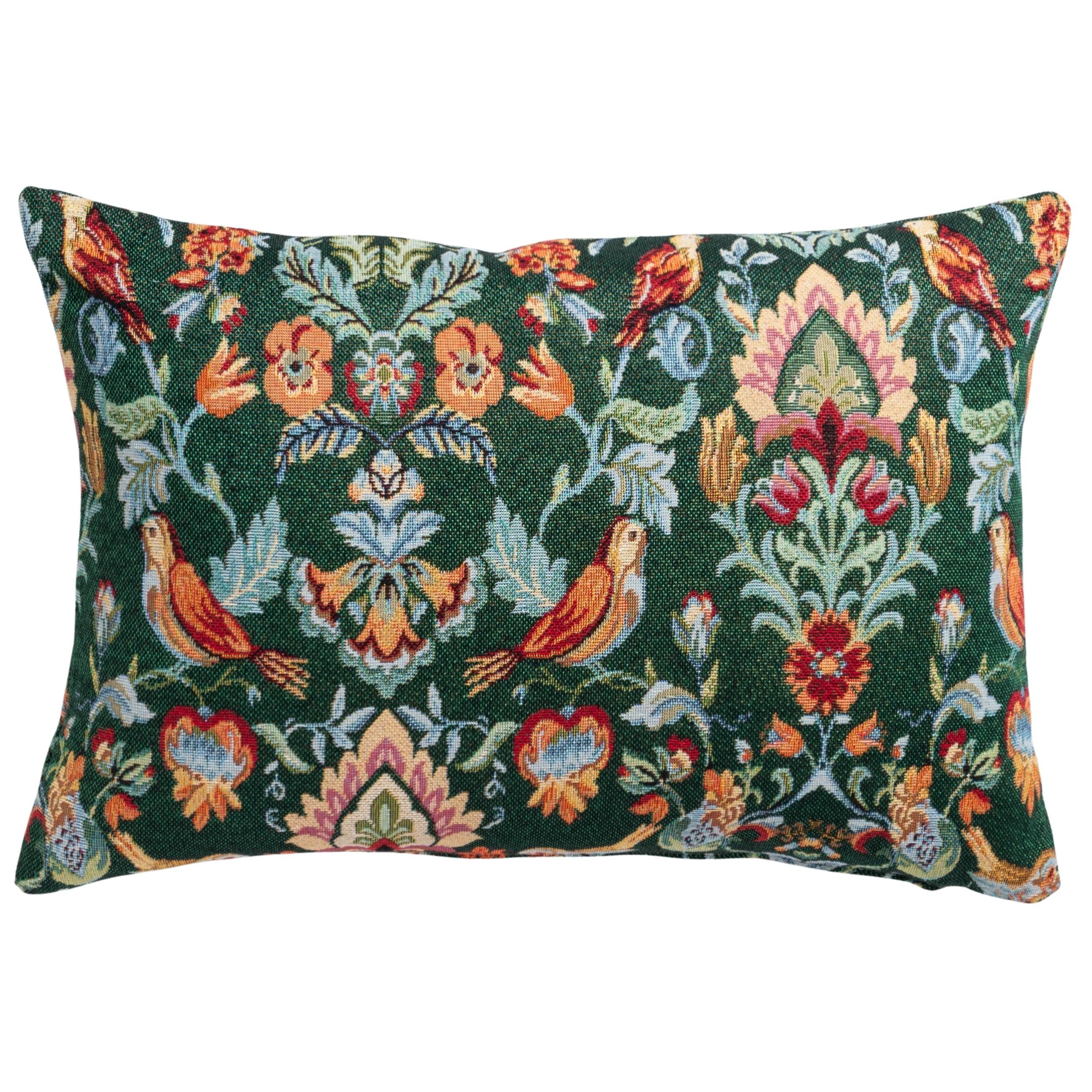 Morris Style Bird Garden Tapestry Boudoir Cushion in Moss Green