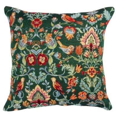 Morris Style Bird Garden Tapestry Cushion in Moss Green