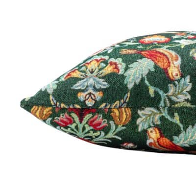 Morris Style Bird Garden Tapestry Cushion in Moss Green