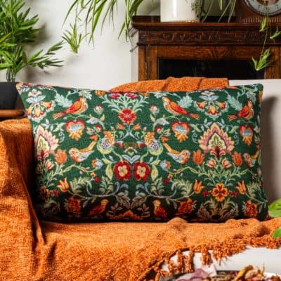 Morris Style Bird Garden Tapestry XL Rectangular Cushion in Moss Green