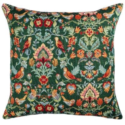 Morris Style Bird Garden Tapestry Extra-Large Cushion in Moss Green