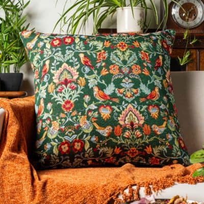 Morris Style Bird Garden Tapestry Extra-Large Cushion in Moss Green