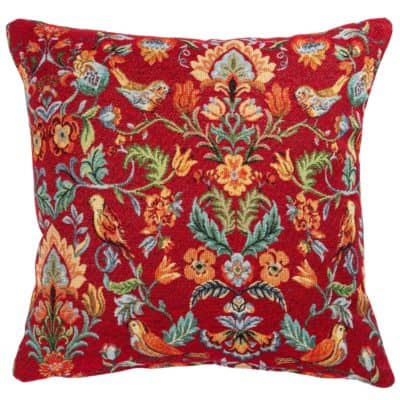 Morris Style Bird Garden Tapestry Cushion in Red
