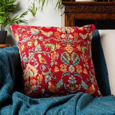 Morris Style Bird Garden Tapestry Cushion in Red