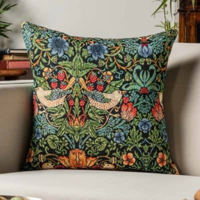 William Morris Strawberry Thief Tapestry Cushion in Black