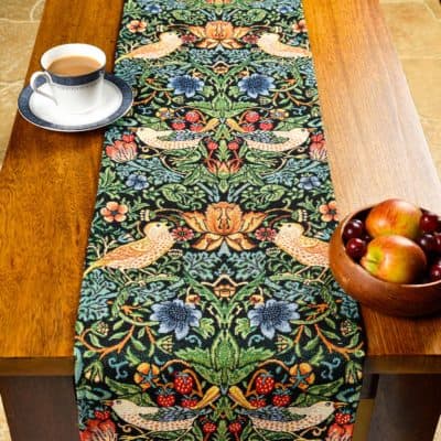 William Morris Strawberry Thief Tapestry Table Runner in Black