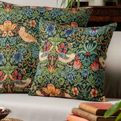 William Morris Strawberry Thief Tapestry Extra-Large Cushion in Black