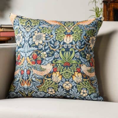 William Morris Strawberry Thief Tapestry Cushion in Blue