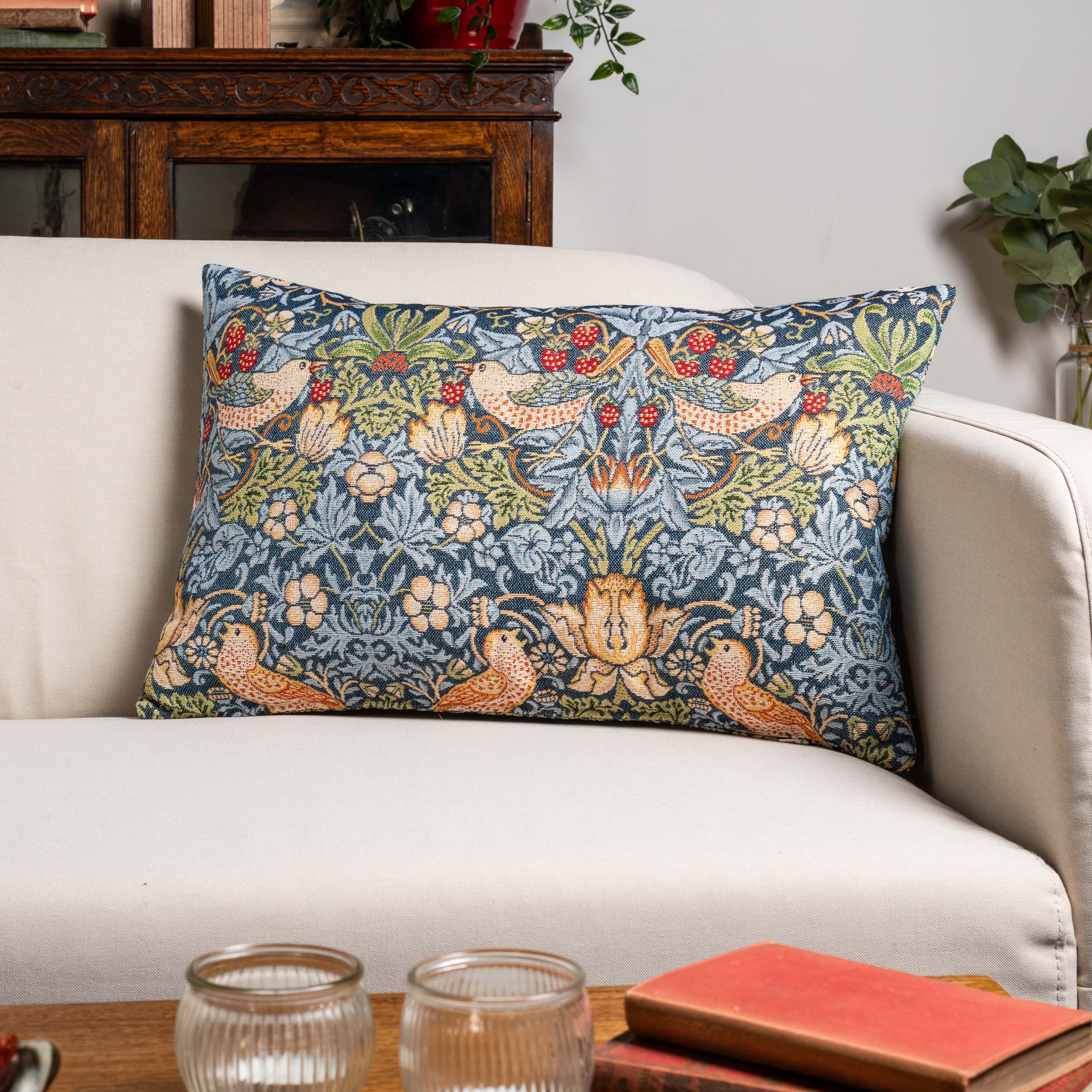 William Morris Strawberry Thief Tapestry XL Rectangular Cushion in Blue