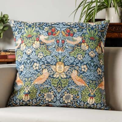 William Morris Strawberry Thief Tapestry Extra-Large Cushion in Blue