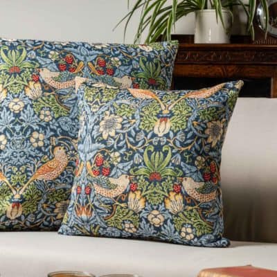 William Morris Strawberry Thief Tapestry Extra-Large Cushion in Blue