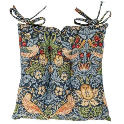 William Morris Strawberry Thief Tapestry Quilted Seat Pad in Blue